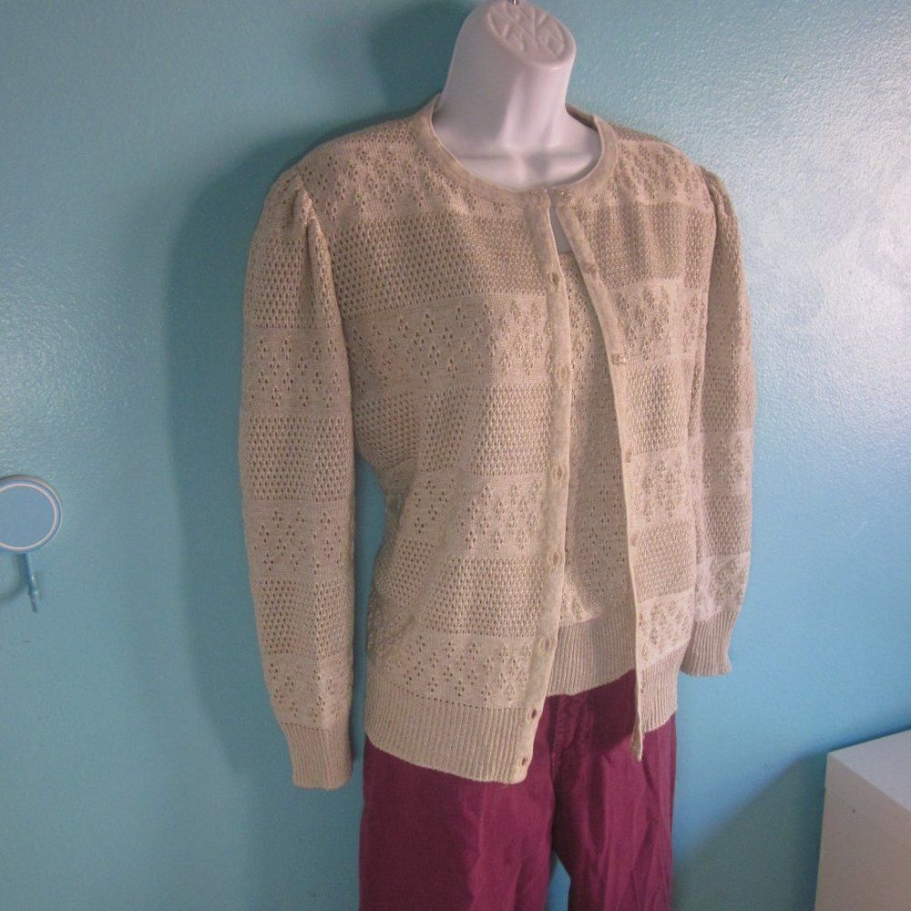 Vivanti Vintage Sweater Set 2 Piece Womens Size M Tan Crochet Top & Cardigan